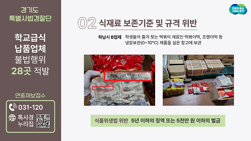 경기도 특사경, 22개월 지난 물엿 보관 등 학교급식 납품업체 불법행위 28곳 적발