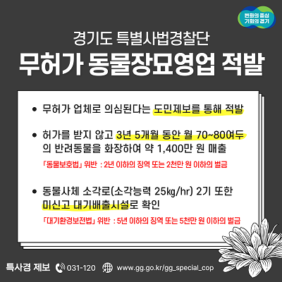 경기도 특사경, 3년 넘게 월평균 80여 마리 반려동물 화장한 불법 장묘업자 적발