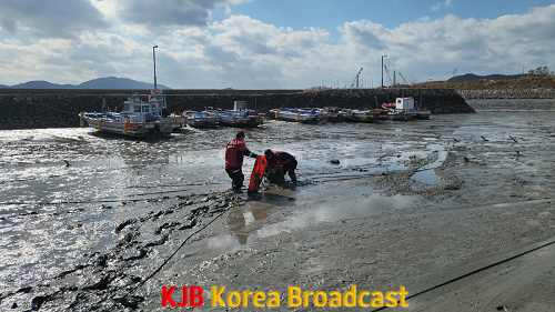 해양경찰 구조대원이 구조보드를 이용 갯벌고립자를 구조.png
