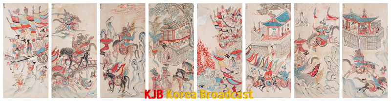 삼국지연의도 8폭병, 지본채색, 각 71x33cm, 조선민화박물관 소장.png