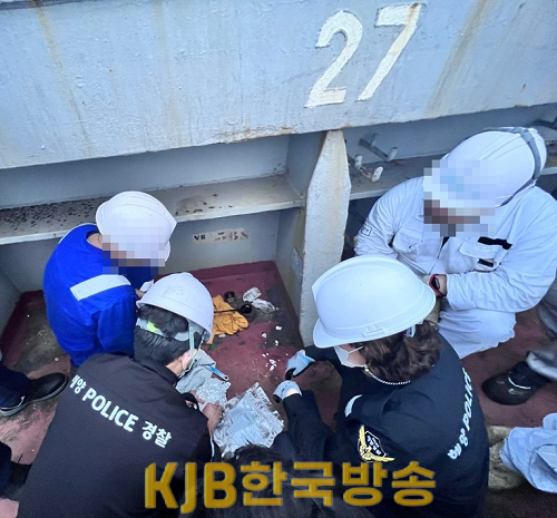 컨테이너 선박에 해양경찰이 승선해 시료를 채취하고 있다..png
