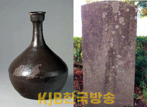 프랑스 세브르 국립도자기박물관에 소장된 한국 도자기 제1호 옹기주병(왼쪽), 이정현 나주목사 선정비(오른쪽) 사진.png